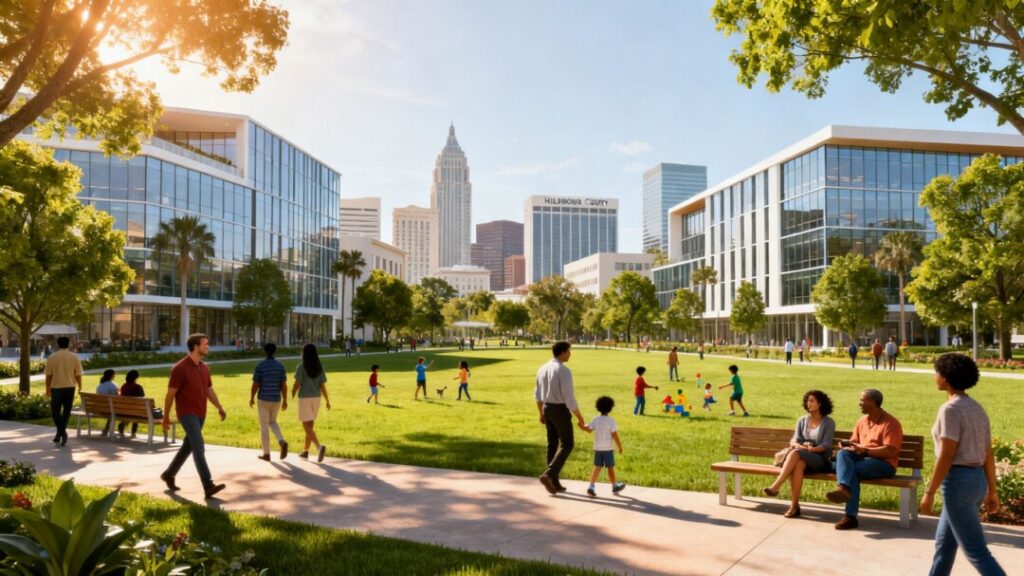 Hillsborough County real estate development with diverse community and skyline.