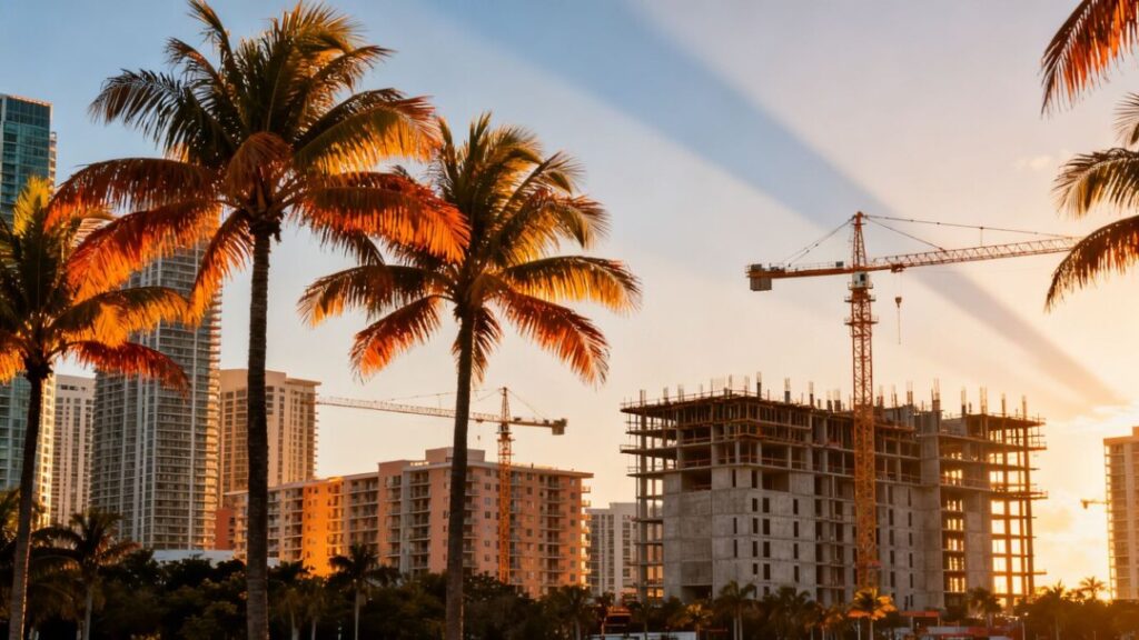 South Florida cityscape with construction and palm trees.
