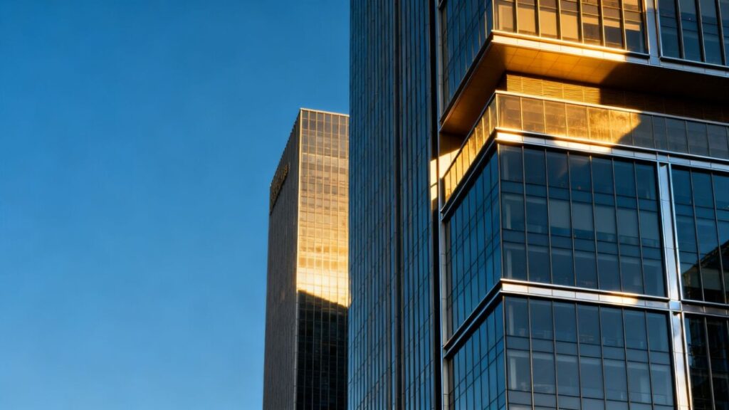 Modern skyscraper with glass facade against blue sky.