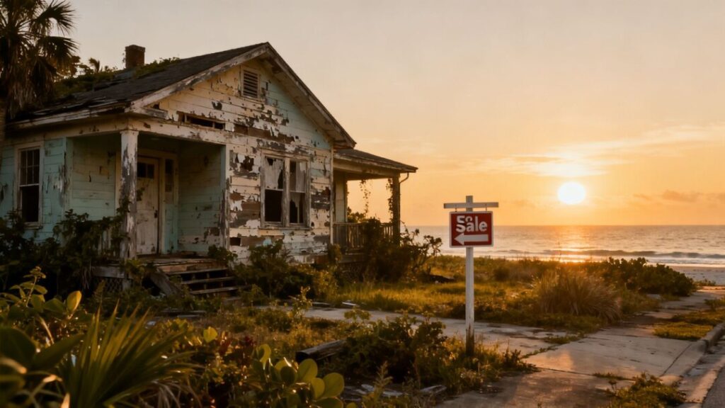 Florida house facing foreclosure with a sunset background.