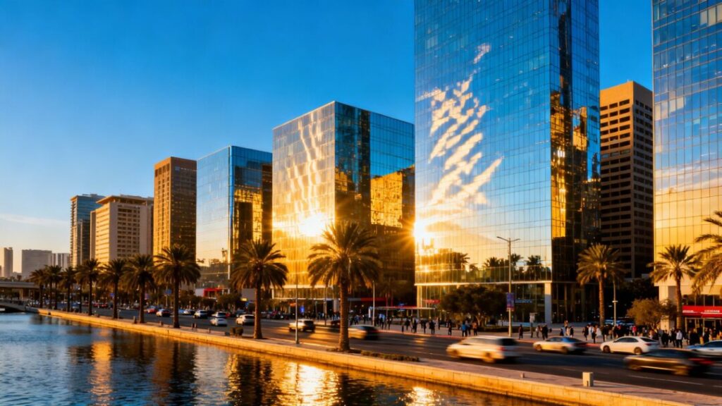 Florida cityscape with skyscrapers and palm trees.