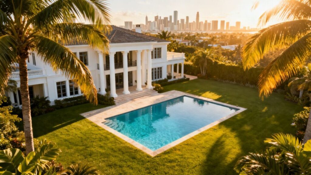 Florida mansion with pool near crowded city skyline.