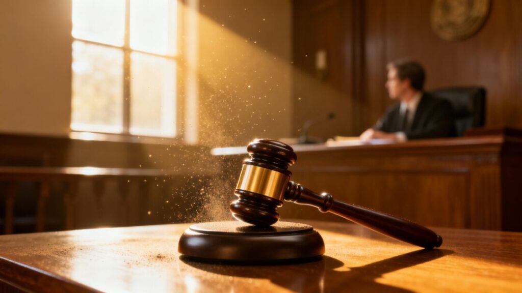 Gavel striking sound block in courtroom during trial.