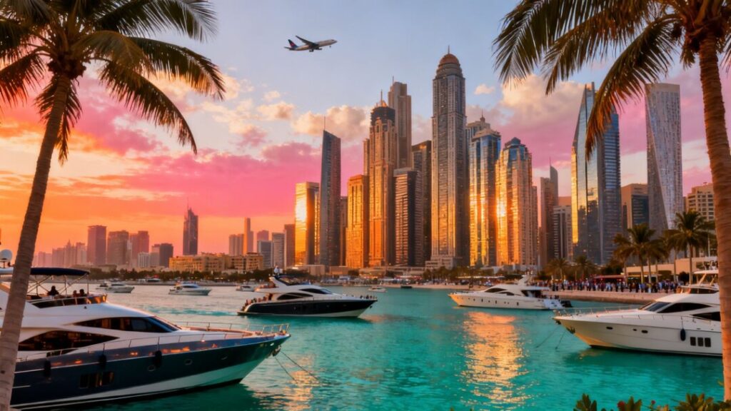 Florida skyline with skyscrapers, yachts, and palm trees.