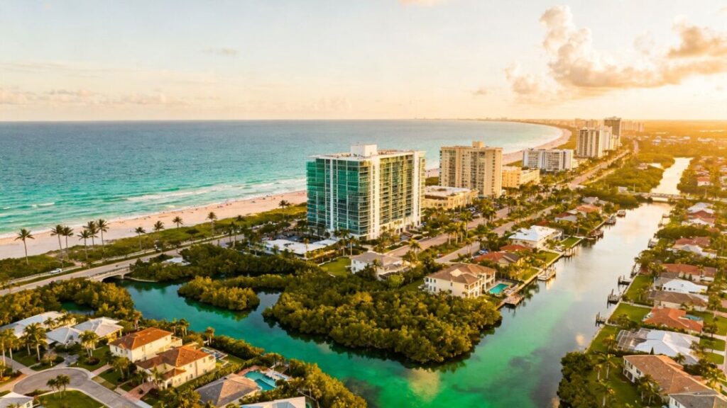 Florida coastal cities Delray Beach and Cape Coral skyline.