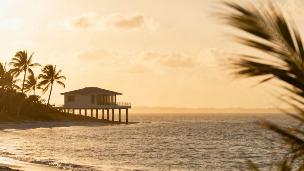 Florida coast with house, palm trees, and hazy horizon.