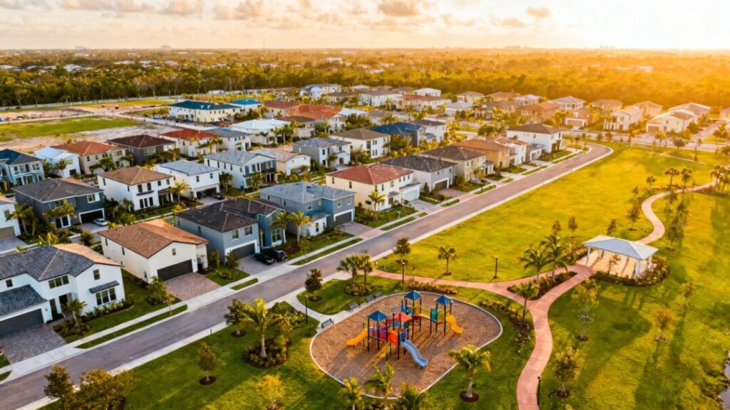 Broward County affordable housing development with new homes and green spaces.