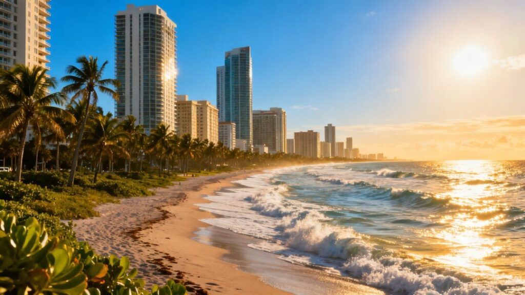 Florida coastline with skyscrapers and palm trees.