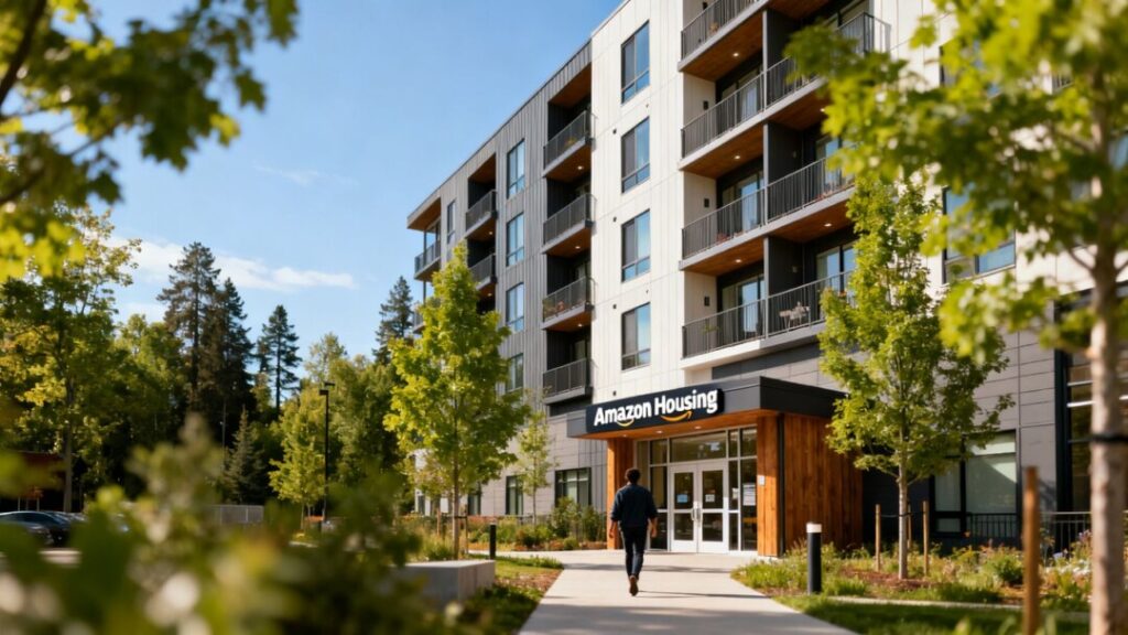 Amazon affordable housing building with trees and a person.