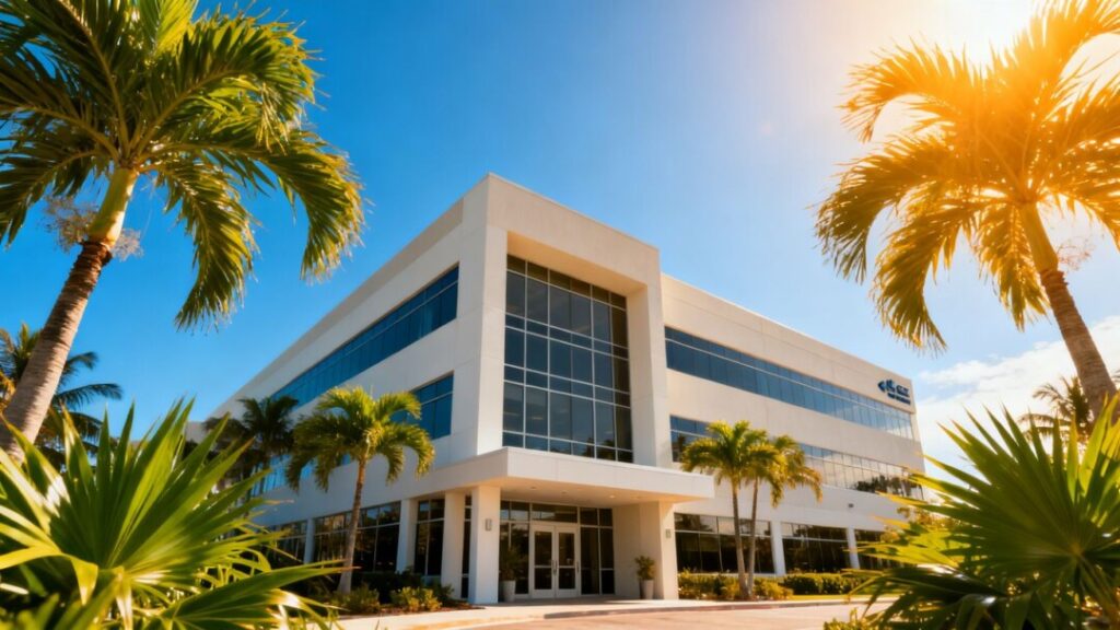 Modern office building in a sunny, tropical location.