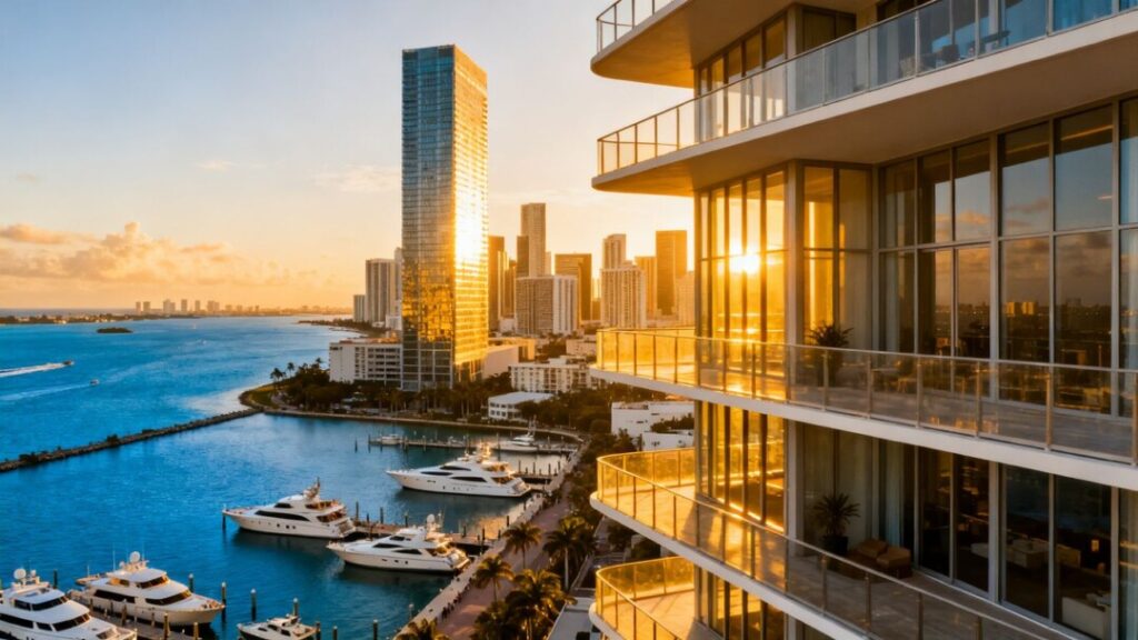Florida luxury condos and commercial buildings with coastline and yachts.