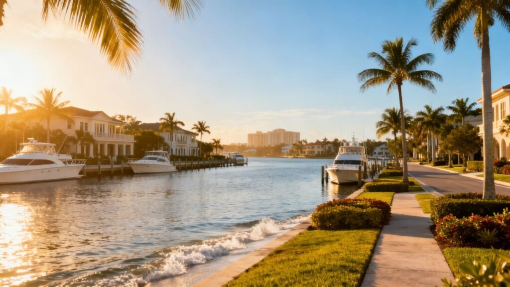 Naples, Florida waterfront with luxury homes and yachts.