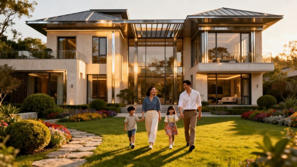 Luxury home with a family enjoying the garden.