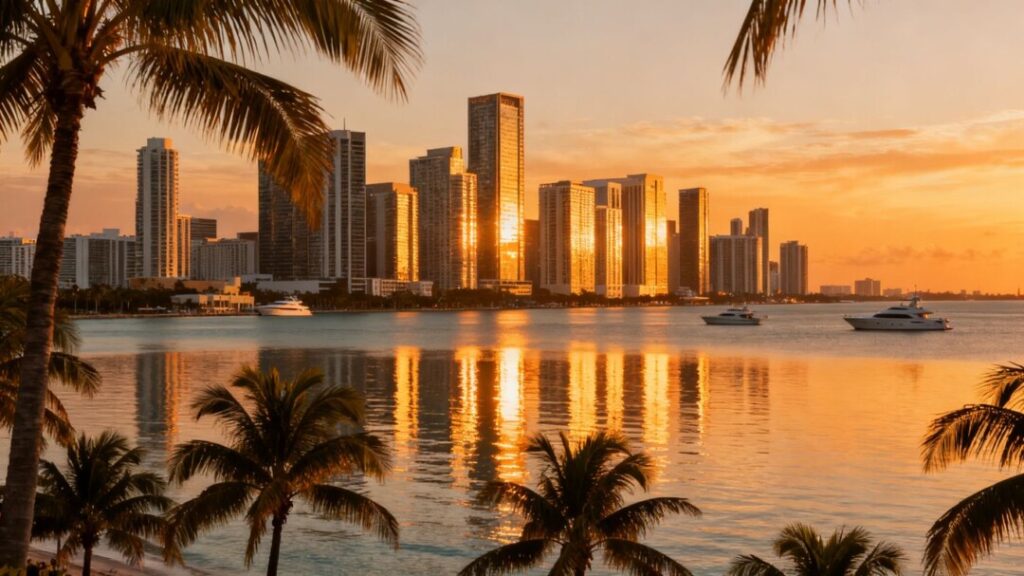 Miami skyline with ocean and palm trees.