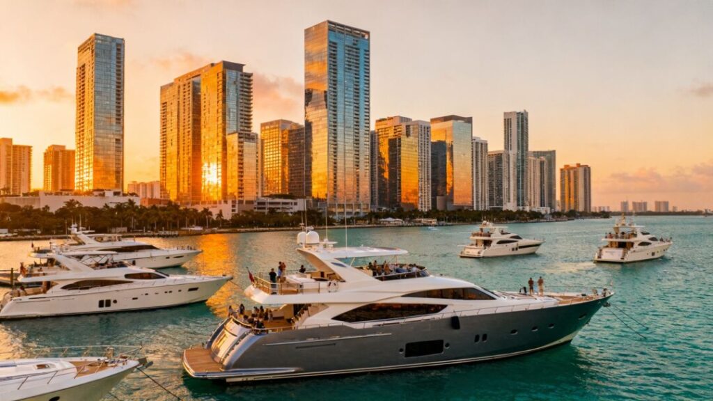 Miami skyline and bay with yachts at sunset.
