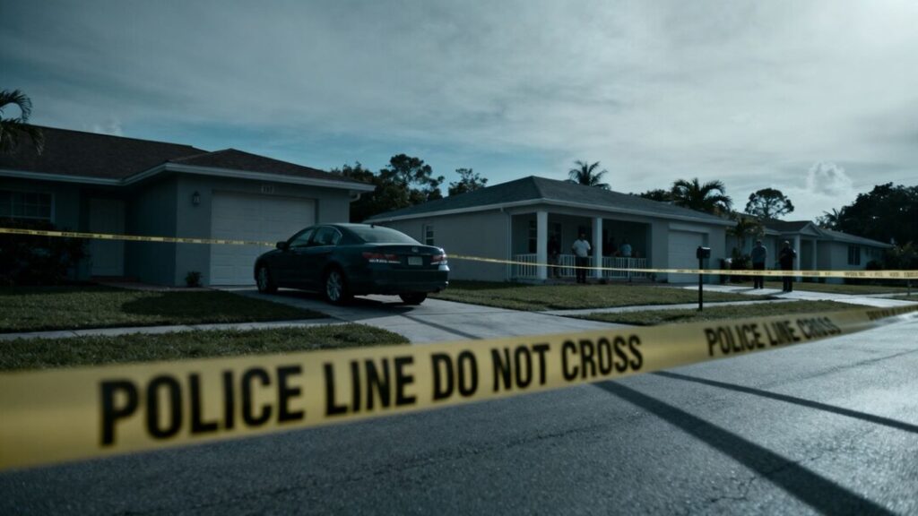 Doral home with police tape, dark sedan, overcast sky.
