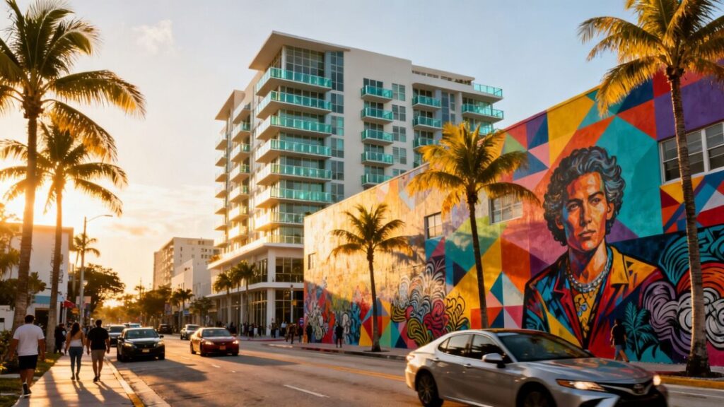 Wynwood street with murals, luxury buildings, and palm trees.