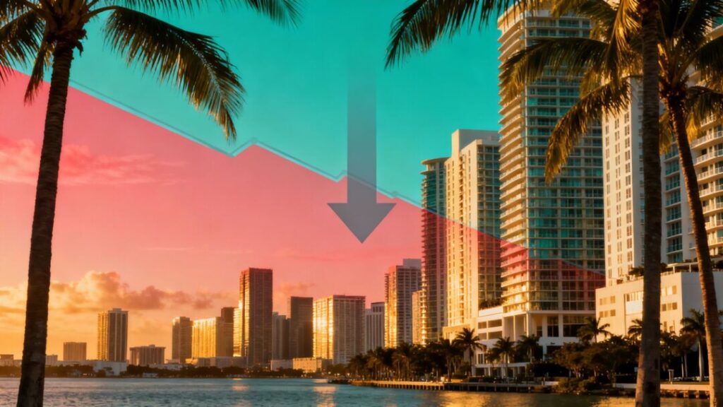 Miami skyline with a subtle downward trend indicator.