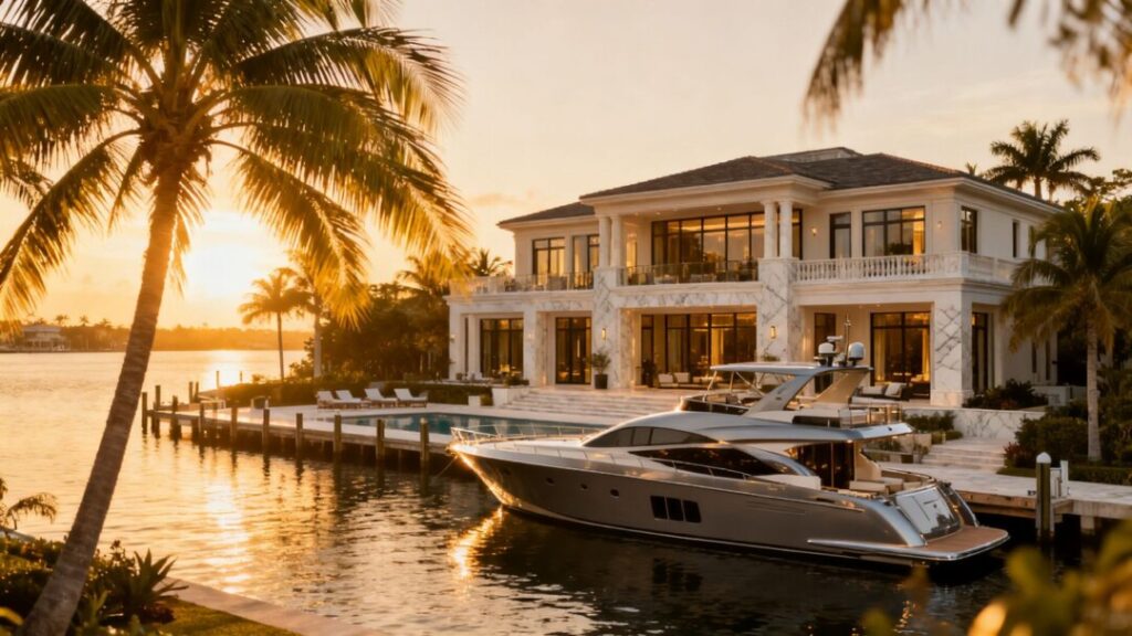 Luxury Florida mansion with palm trees and yacht.
