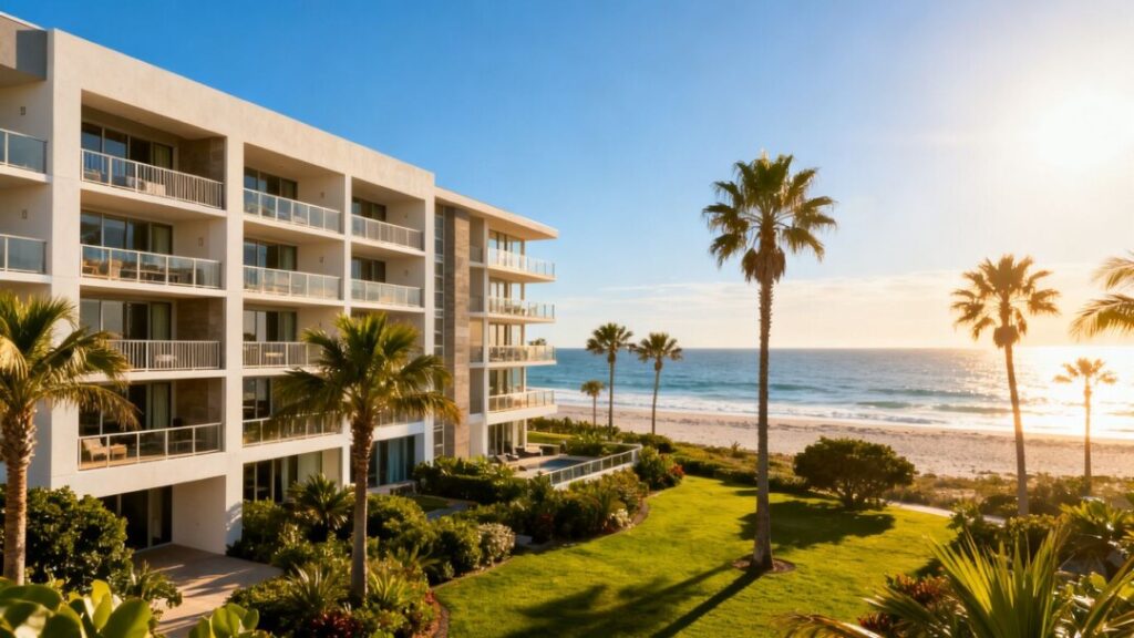 Modern beachfront residential building with balconies and palm trees.
