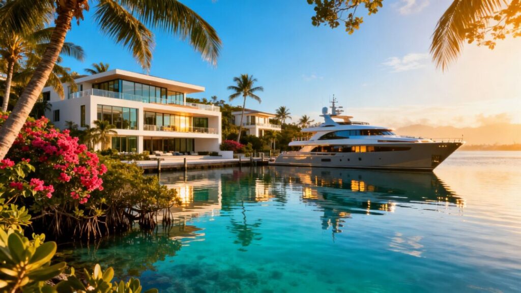 Luxury South Florida mansions and yachts on the coast.