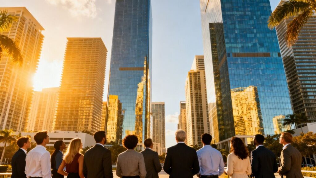 Florida cityscape with professionals observing real estate growth.