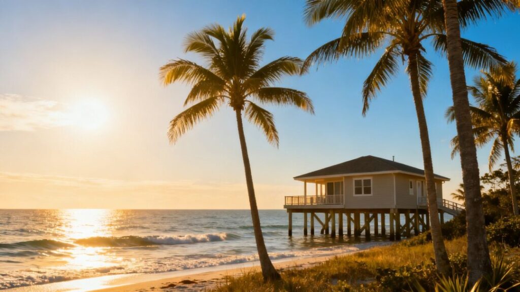 Florida coast with house, palm trees, and calm ocean.