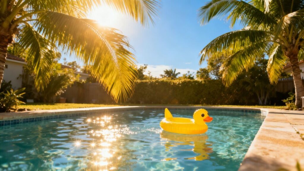 Florida swimming pool with child's toy and palm trees.