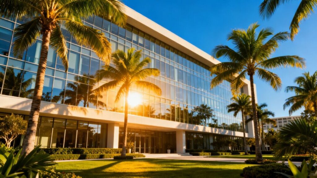 Modern commercial building with palm trees in Palm Beach County.
