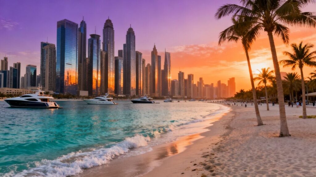 Miami skyline and ocean view at sunset.