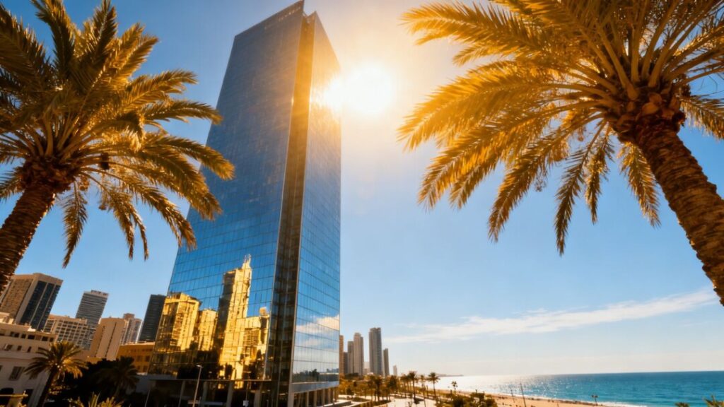 Skyscraper in South Florida with palm trees and ocean view.