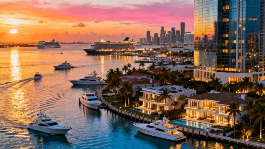 Miami skyline with luxury homes and ocean.