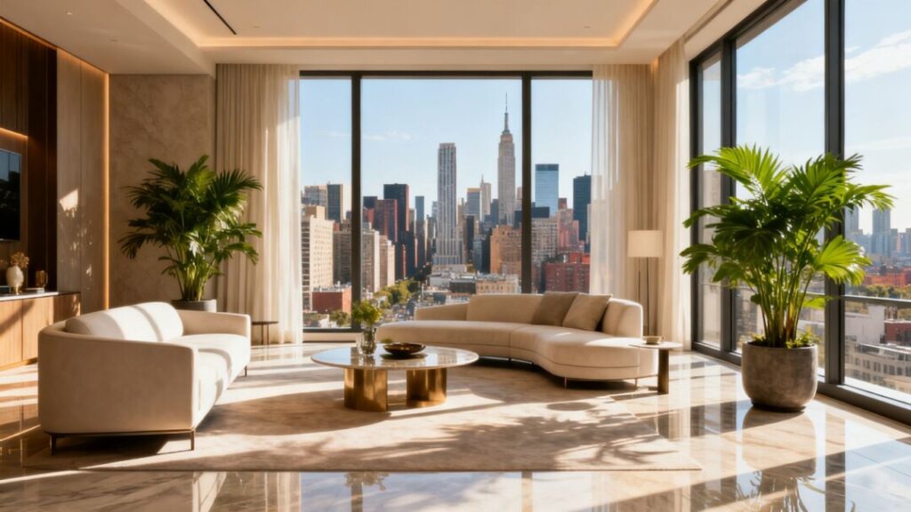 Luxury Aventura condo interior with city view.