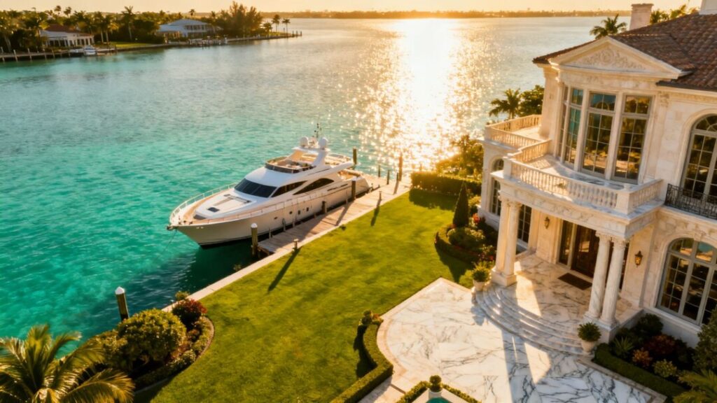 Luxury Florida mansion with waterfront view and yacht.
