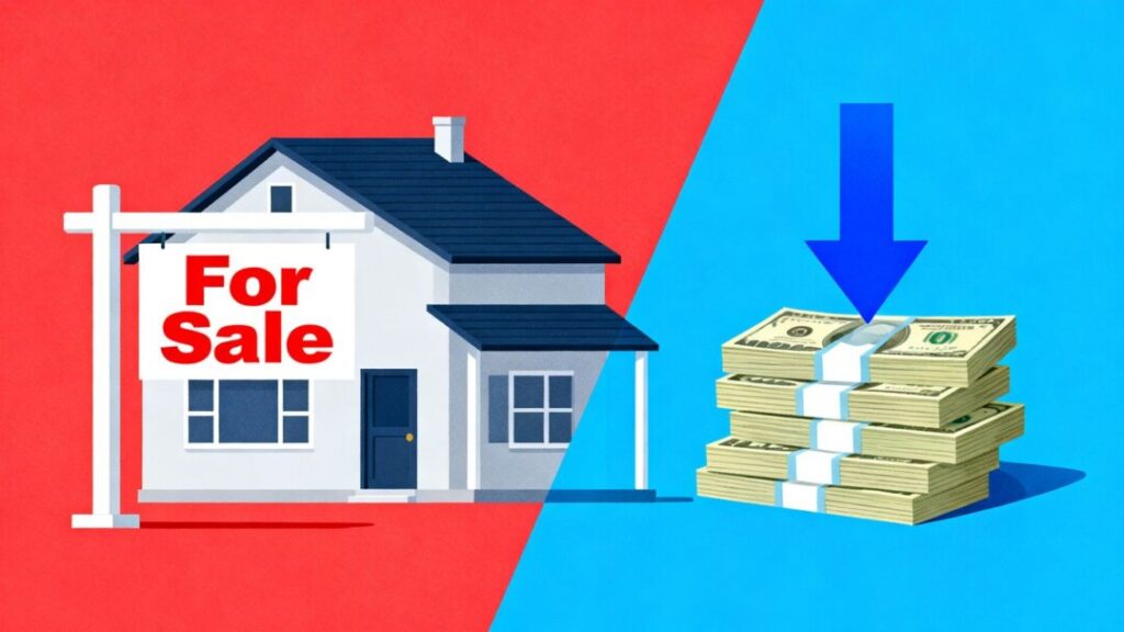 House with sale sign and falling money pile.