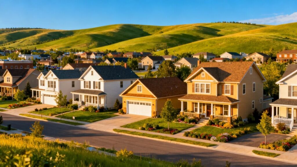 Midwest cityscape with houses and green hills.
