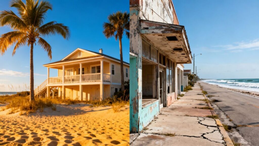 Florida coastline with contrasting property value visuals.