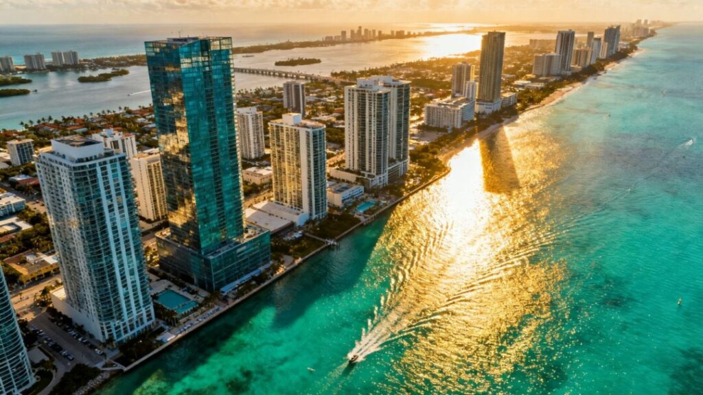Miami skyline with ocean and luxury buildings.