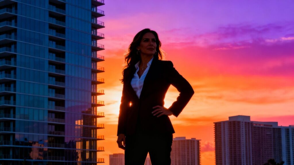 [Lissette Calderon] in Miami, overlooking city skyline at sunset.