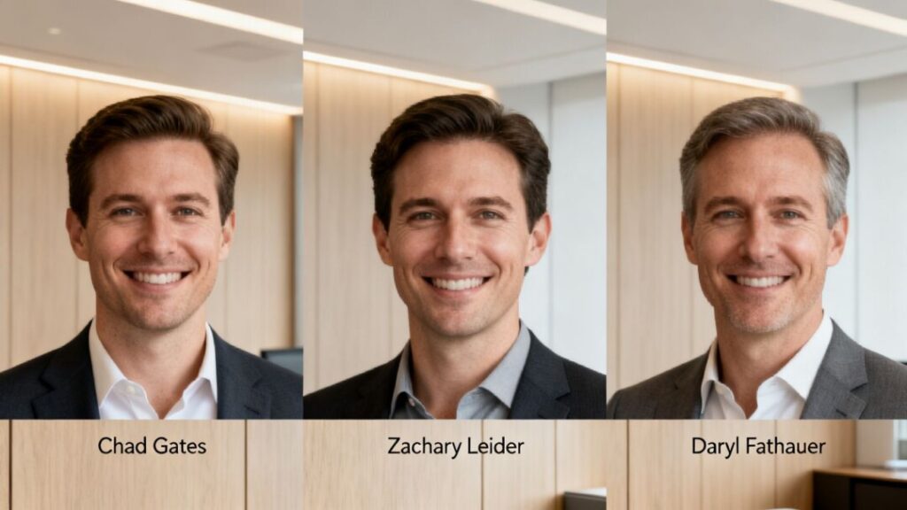 Real estate agents Chad Gates, Zachary Leider, and Daryl Fathauer.