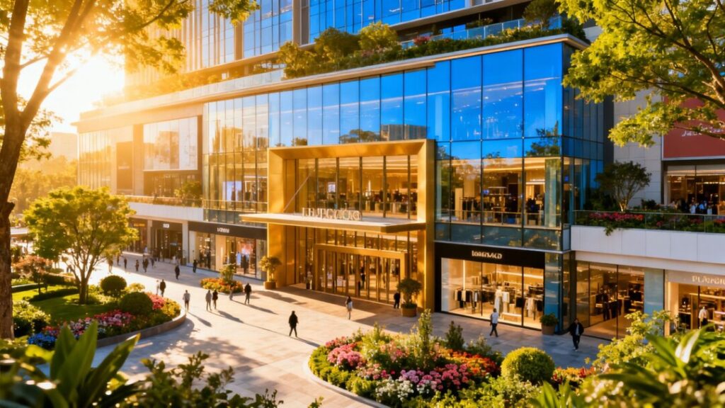 Galleria Mall exterior with landscaping and bright entrance.