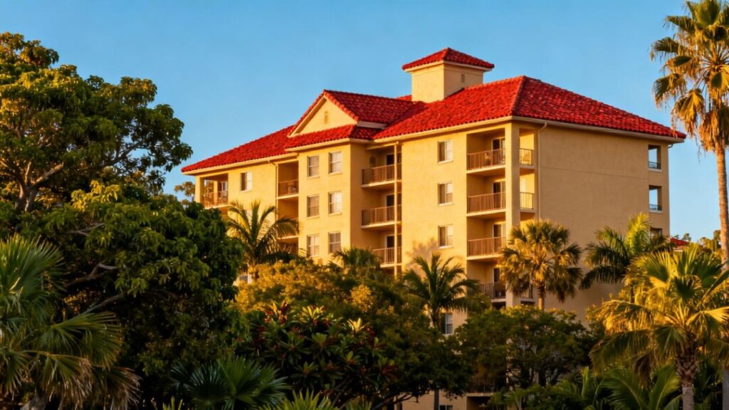 Apartment building in Boynton Beach with trees and blue sky.