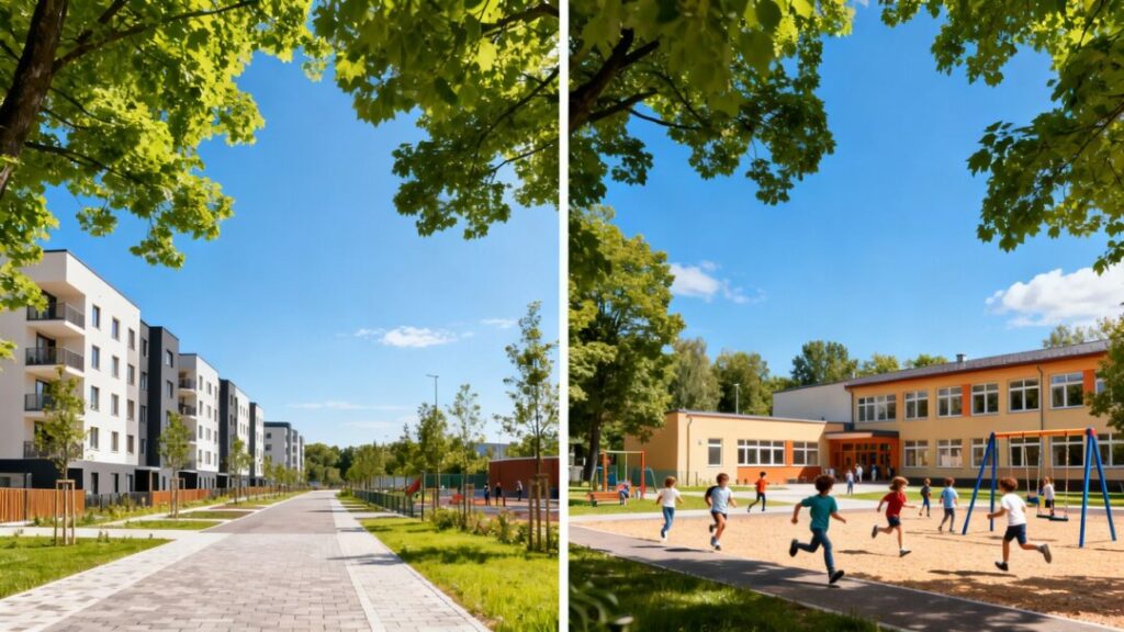Hillsborough County housing and school development with trees and sky.