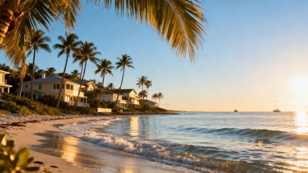 Florida coast with houses and calm ocean.