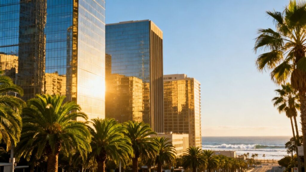 Miami skyline with skyscrapers and palm trees.