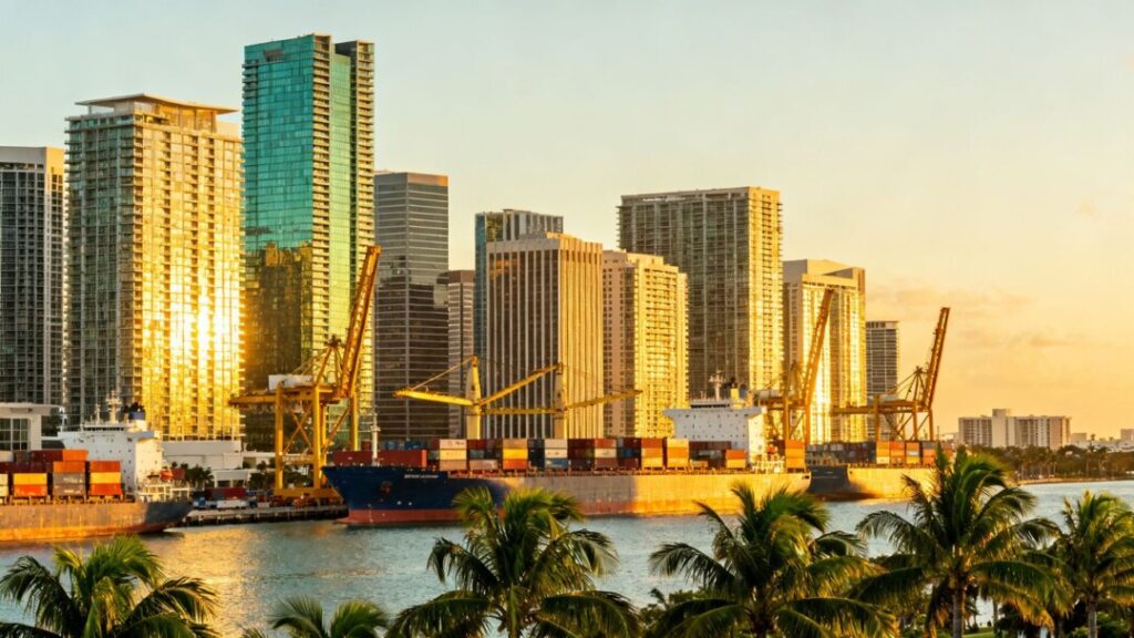 Miami skyline and bustling port with palm trees.