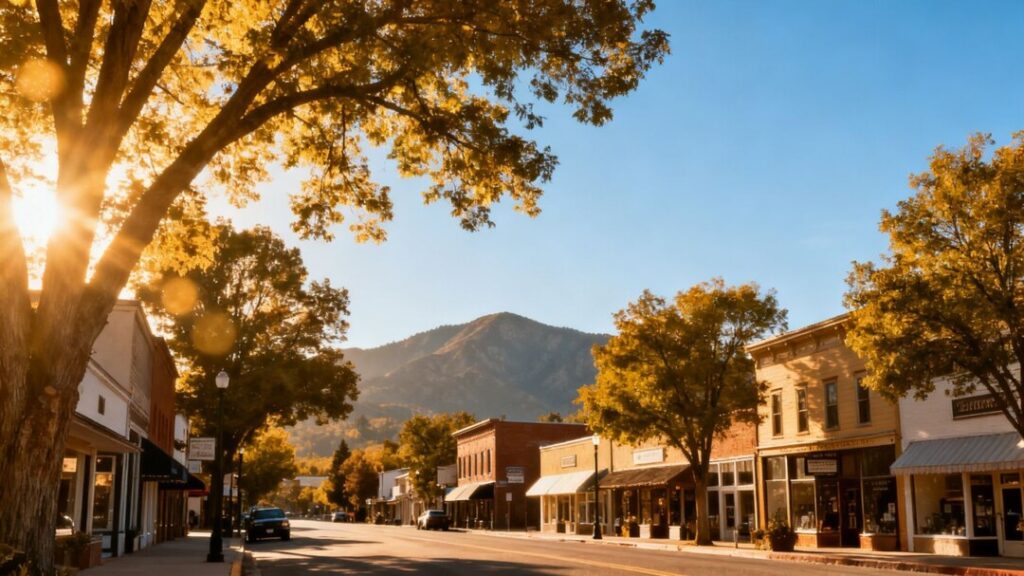 Serene small town main street with trees and distant mountains.