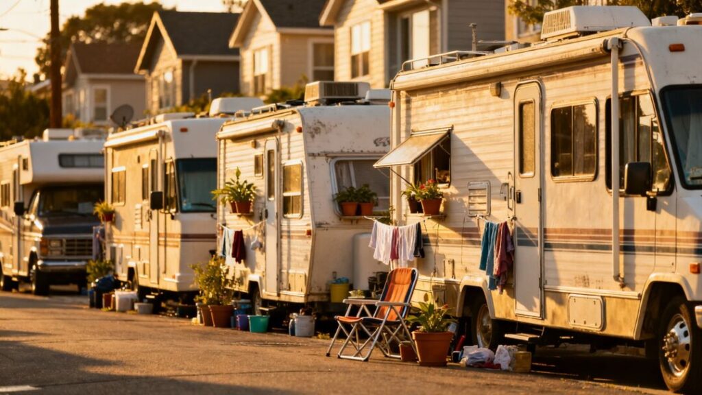 RVs parked as homes in a neighborhood.