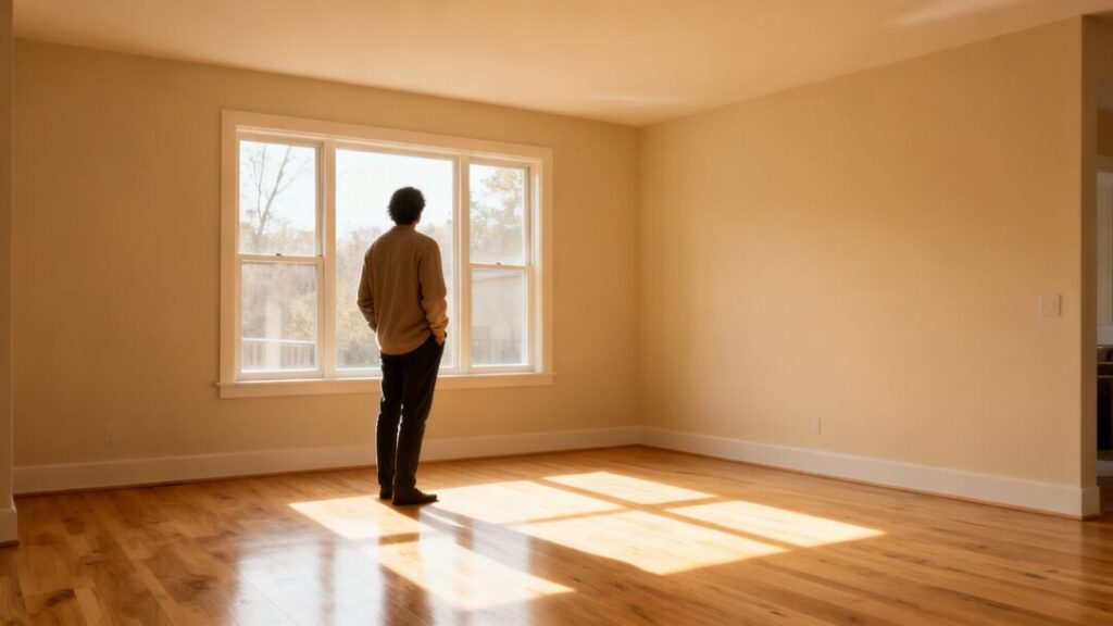 Person looking out a window in an empty house.
