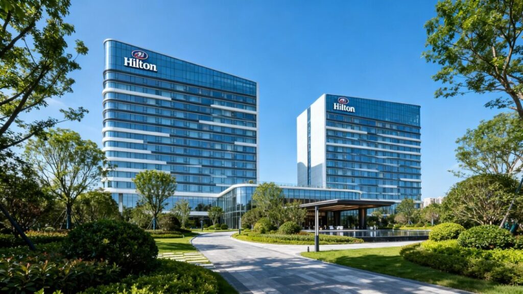 Dual-branded Hilton hotel complex exterior